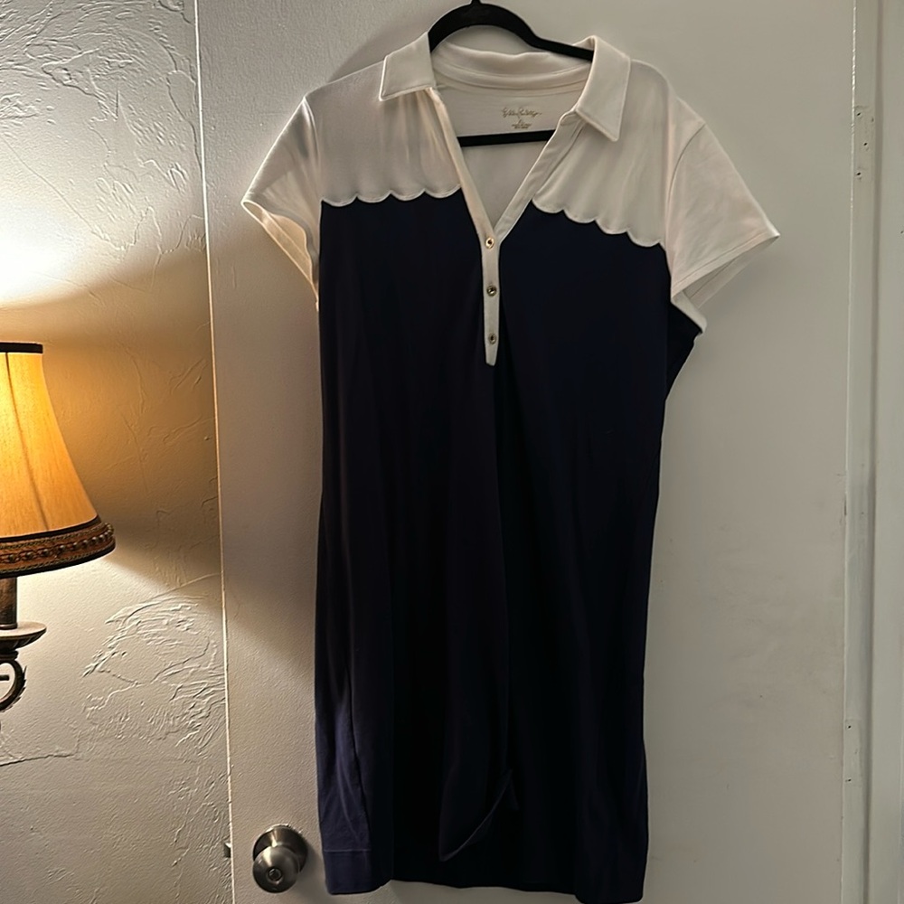 White and navy scalloped top dress